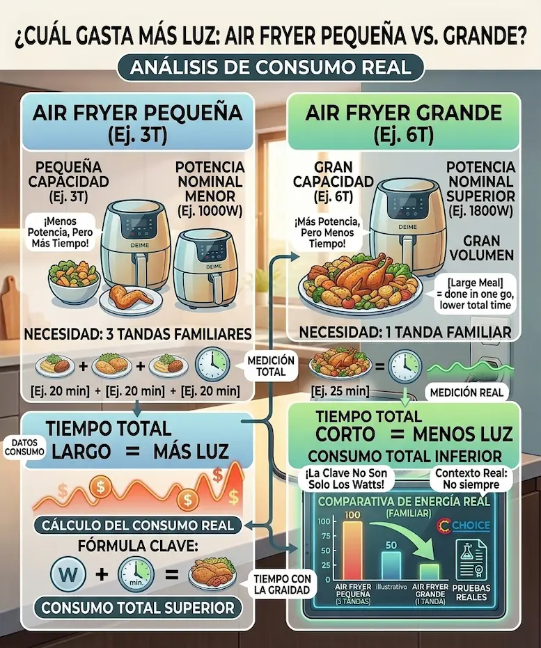 Qué gasta más luz una air fryer pequeña o una grande